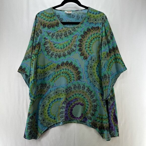 Tianello Tops - Tianello Blouse Womens M Boho Tunic Silk Printed Kimono Sleeve Asymmetric Green
